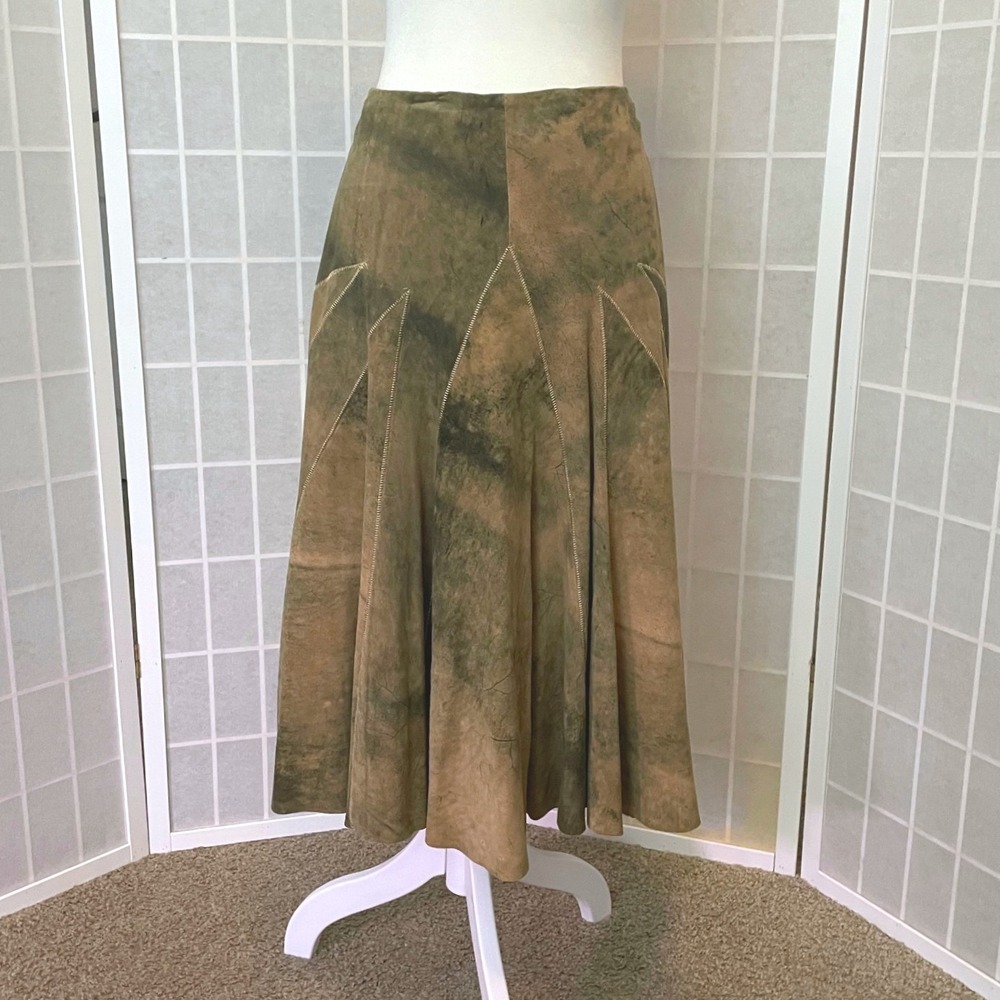 Vakko Lamb Leather Midi Skirt Brown A-Line Paneled Earthy Boho Western 70s Artsy